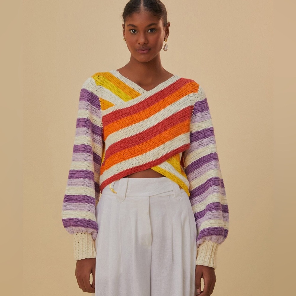 FARM Rio Sunset Stripes Handmade Crochet Crop Sweater Striped Women's size M